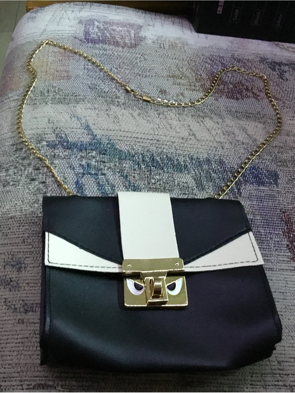 Small Black and White Chain Shoulder Crossbody Bag with Gold Lock